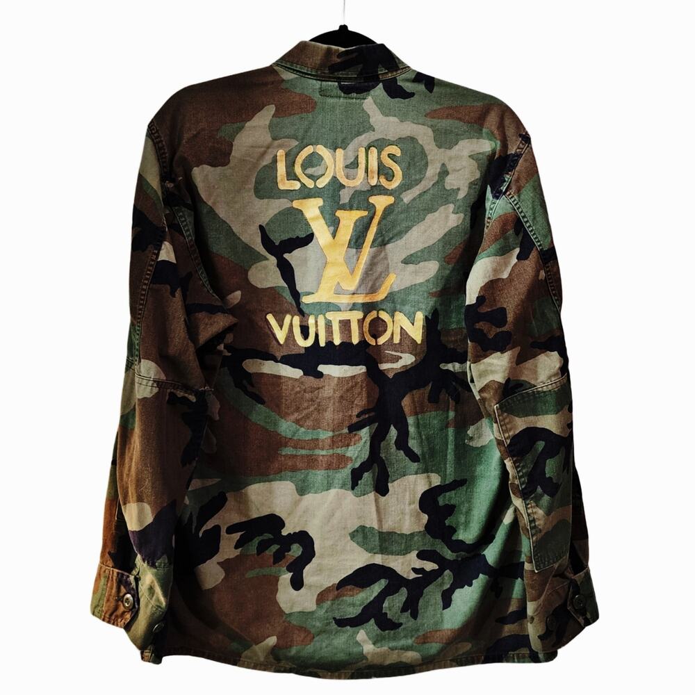 Military Camo Jacket Handpainted with Louis Vuitton Back Design in Gold